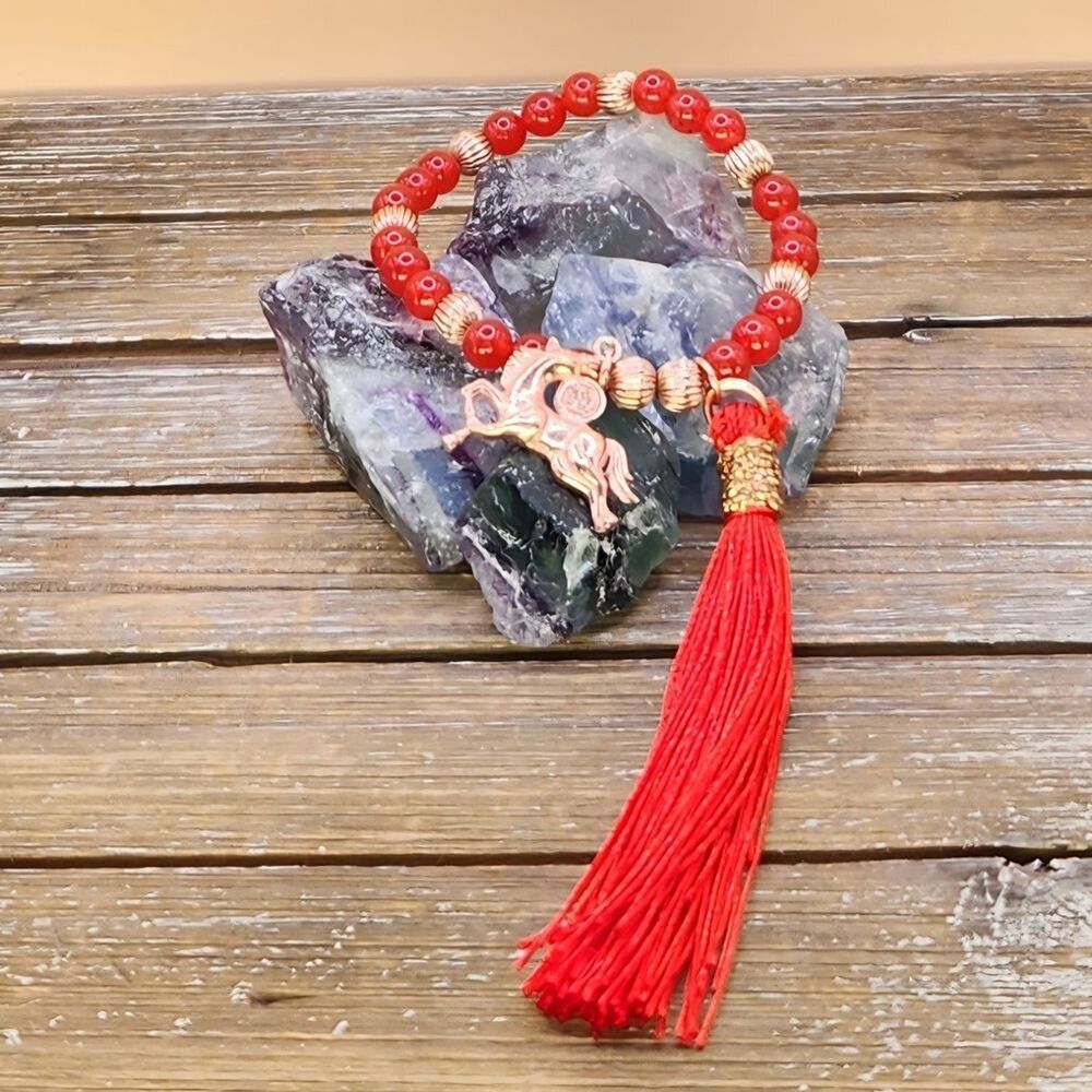 Red Chalcedony and Rose Gold Beaded Bracelet with Fire Horse Charm and Tassel